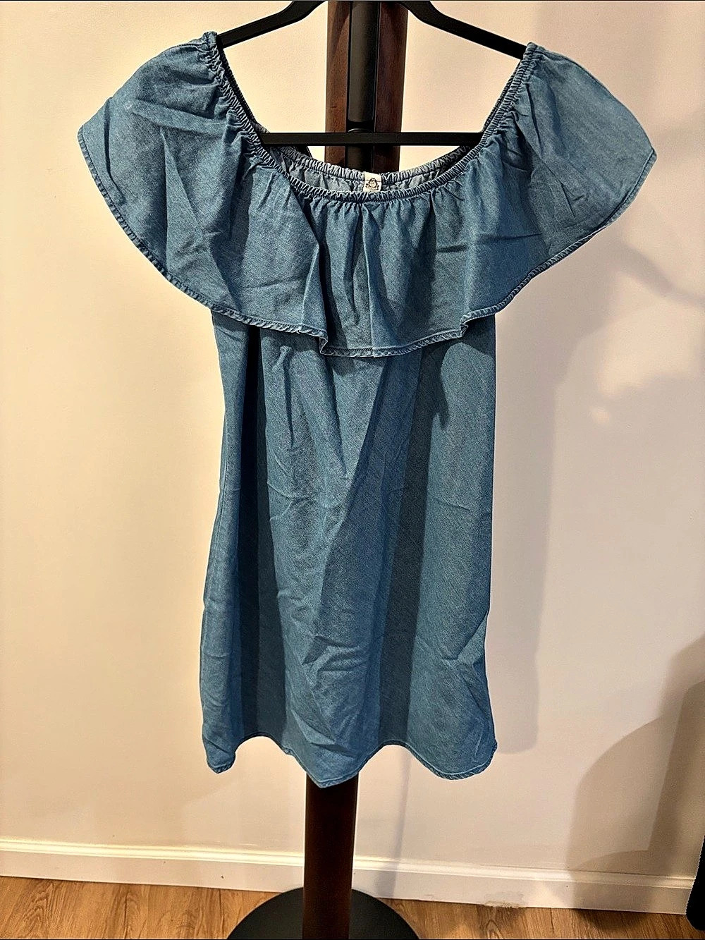 Women's American Rag Light Demin Ruffle Off-The-Shoulder Chamber Dress